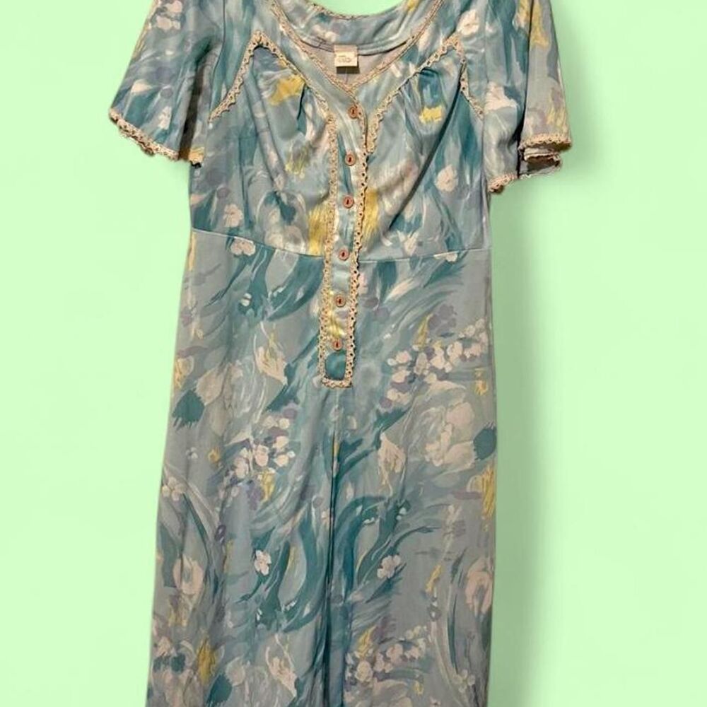 1970's Vintage Teal Floral Maxi Dress